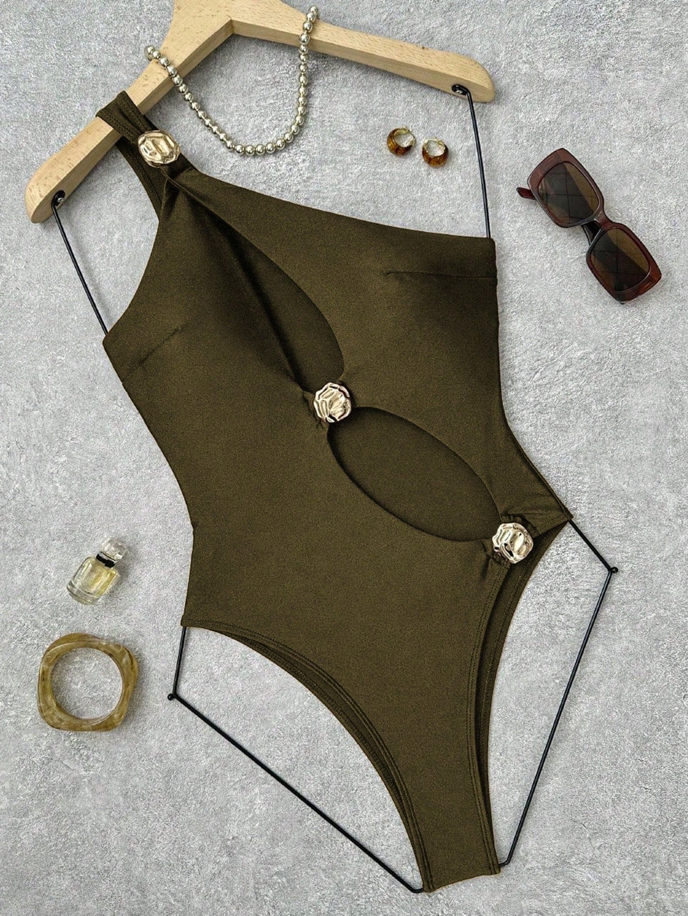 Swim Women's Olive Green Summer Cute Beach One-Shoulder Asymmetric Hollow Design Metal Buckle Decor Elegant Bodysuit Swimsuit For Daily Beach Party Vacation