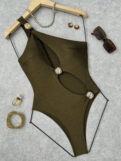 Swim Women's Olive Green Summer Cute Beach One-Shoulder Asymmetric Hollow Design Metal Buckle Decor Elegant Bodysuit Swimsuit For Daily Beach Party Vacation