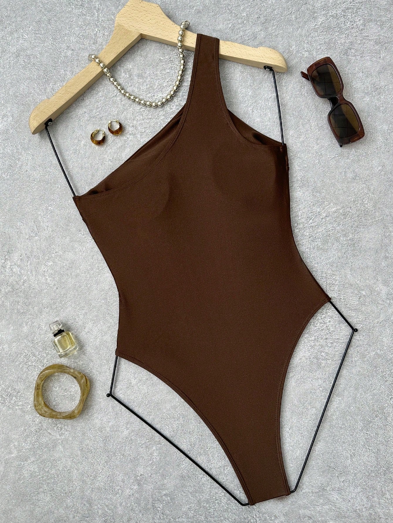 Swim Women's Olive Green Summer Cute Beach One-Shoulder Asymmetric Hollow Design Metal Buckle Decor Elegant Bodysuit Swimsuit For Daily Beach Party Vacation