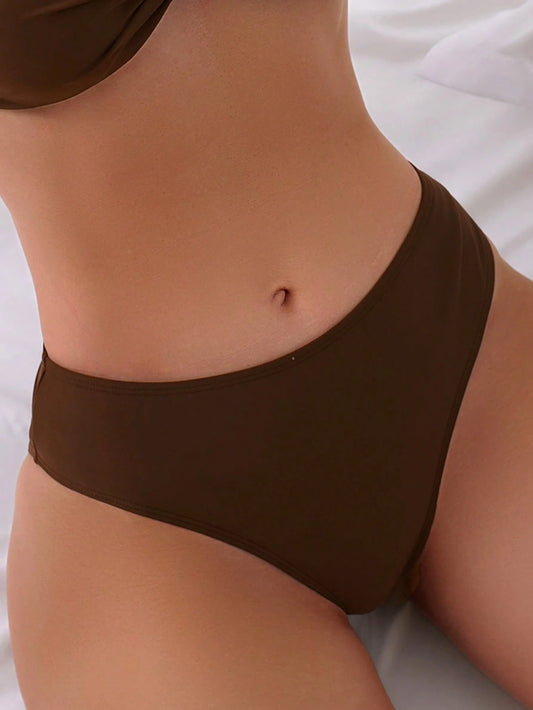 Swim Zestiva Women's Coffee Brown Bikini Bottom,Modest High-Cut Solid Color Swimwear Bottoms For Summer Beach Holiday,Casual Bathing Suit Panties,Holiday