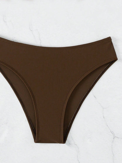 Swim Zestiva Women's Coffee Brown Bikini Bottom,Modest High-Cut Solid Color Swimwear Bottoms For Summer Beach Holiday,Casual Bathing Suit Panties,Holiday