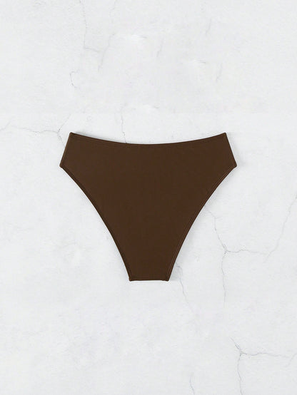Swim Zestiva Women's Coffee Brown Bikini Bottom,Modest High-Cut Solid Color Swimwear Bottoms For Summer Beach Holiday,Casual Bathing Suit Panties,Holiday