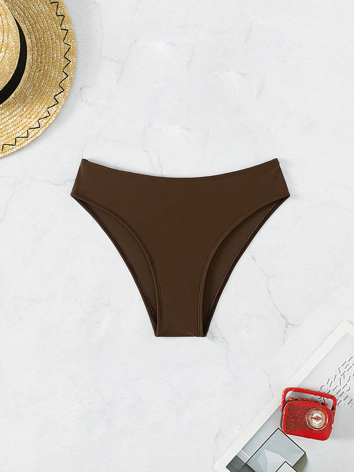 Swim Zestiva Women's Coffee Brown Bikini Bottom,Modest High-Cut Solid Color Swimwear Bottoms For Summer Beach Holiday,Casual Bathing Suit Panties,Holiday