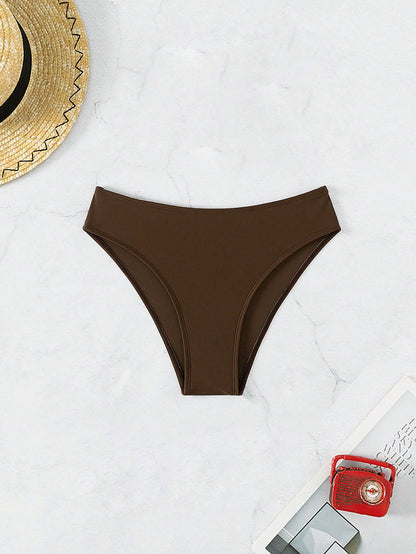 Swim Zestiva Women's Coffee Brown Bikini Bottom,Modest High-Cut Solid Color Swimwear Bottoms For Summer Beach Holiday,Casual Bathing Suit Panties,Holiday