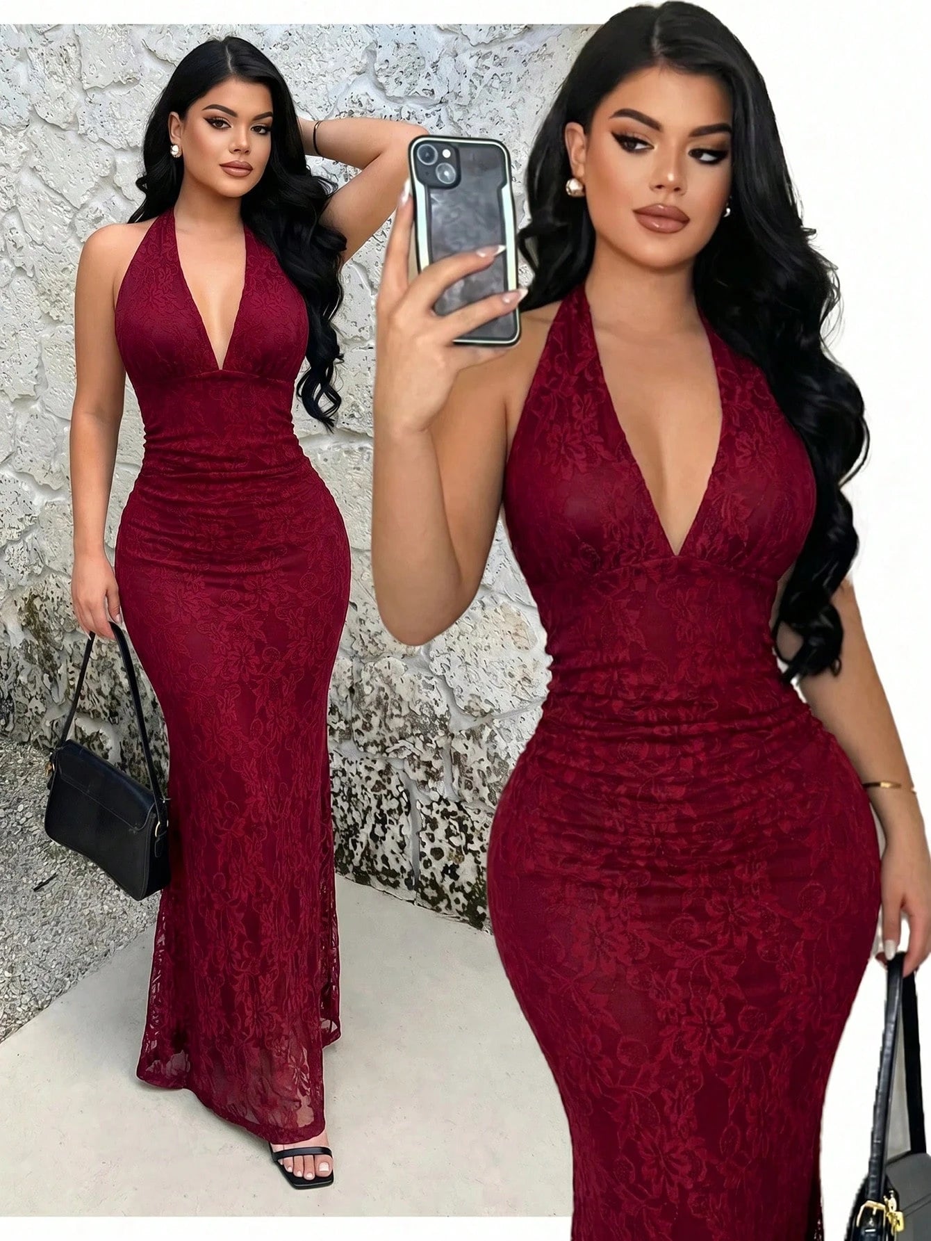 SXY Burgundy Floral Lace Long Dress For Women Sleeveless Halter Neck Evening Gown Slim Fit Bodycon Style