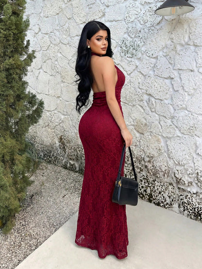 SXY Burgundy Floral Lace Long Dress For Women Sleeveless Halter Neck Evening Gown Slim Fit Bodycon Style