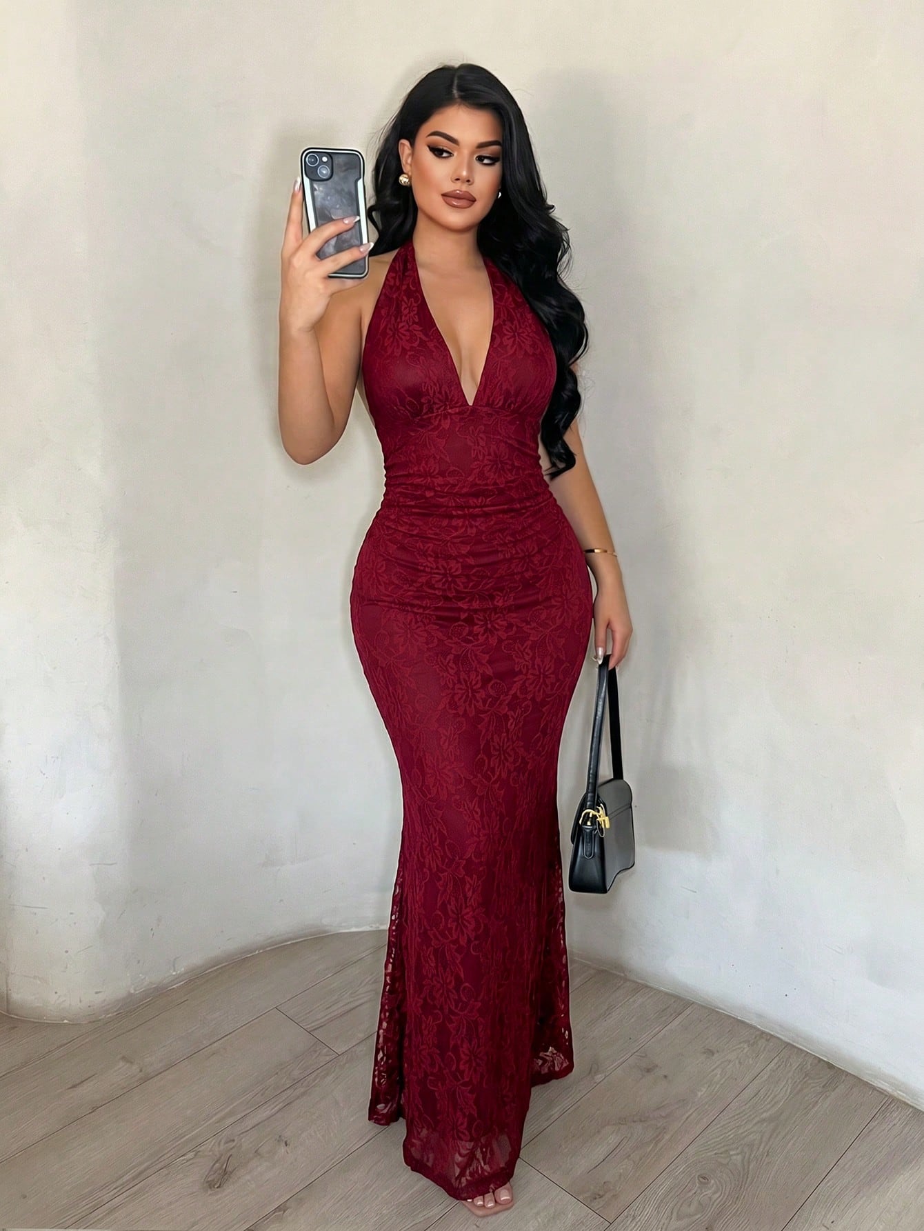SXY Burgundy Floral Lace Long Dress For Women Sleeveless Halter Neck Evening Gown Slim Fit Bodycon Style