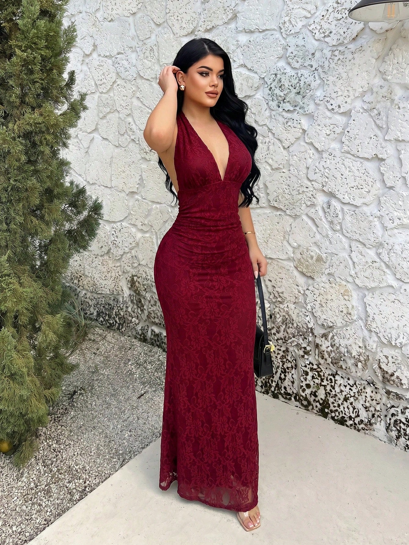 SXY Burgundy Floral Lace Long Dress For Women Sleeveless Halter Neck Evening Gown Slim Fit Bodycon Style