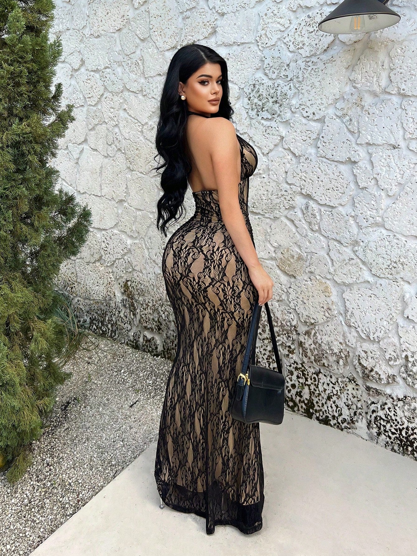 SXY Burgundy Floral Lace Long Dress For Women Sleeveless Halter Neck Evening Gown Slim Fit Bodycon Style