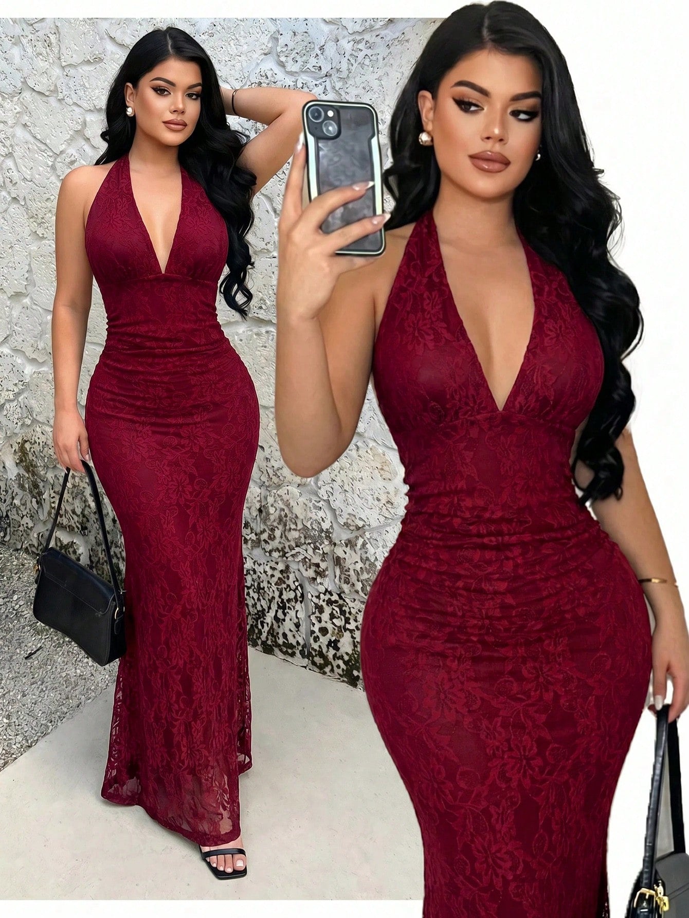 SXY Burgundy Floral Lace Long Dress For Women Sleeveless Halter Neck Evening Gown Slim Fit Bodycon Style