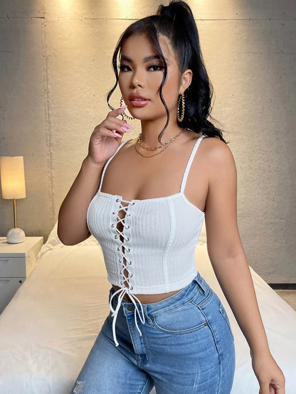 SXY Garment Eyelet Lace Up Front Cami Top