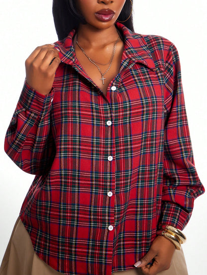 SXY Plus Size Minimalist Business Casual Casual Single-Breasted Plaid Long Sleeve Jacket Back-To-School Oktoberfest Office Autumn Fall
