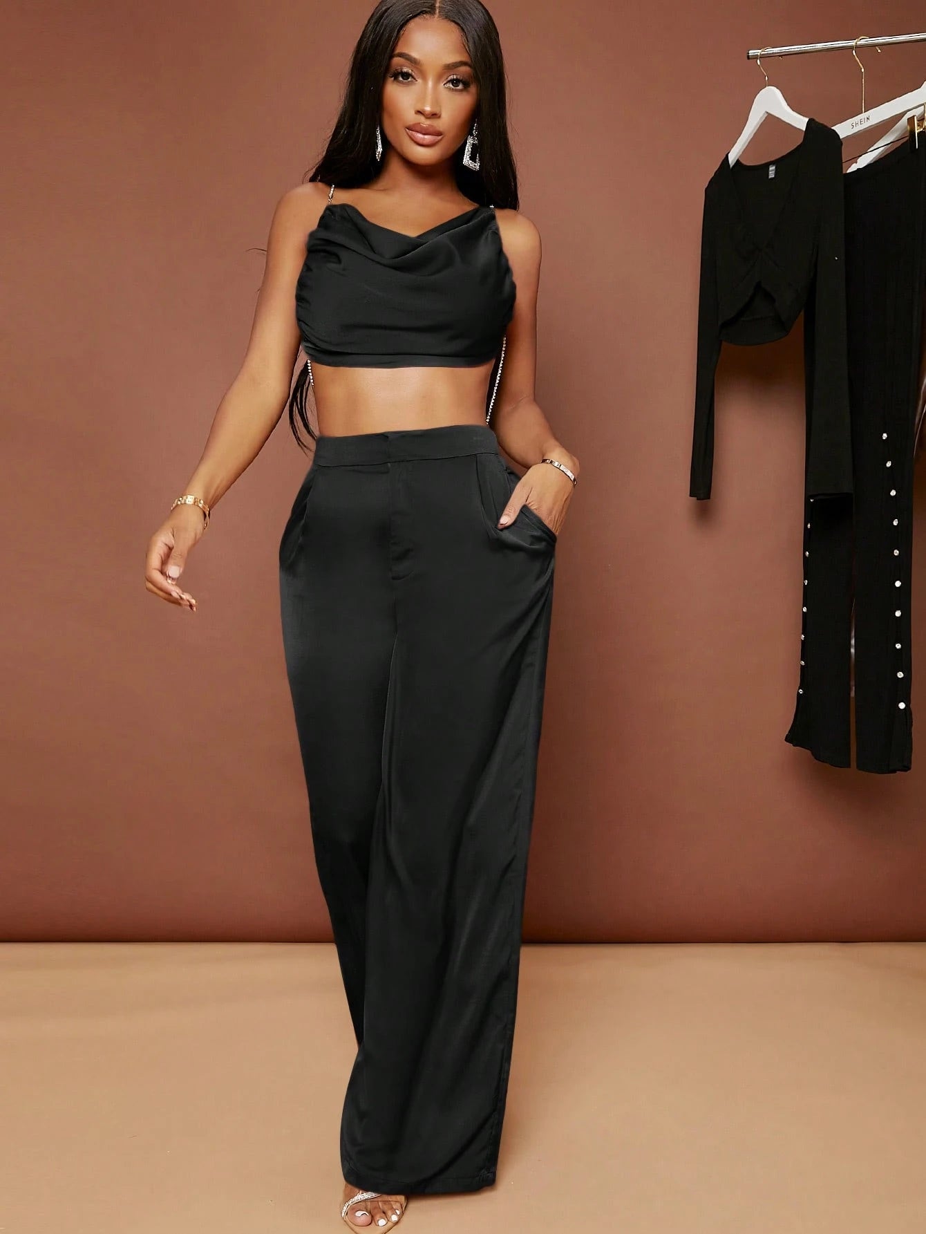 SXY Summer Black High Waisted Wide Leg Trousers