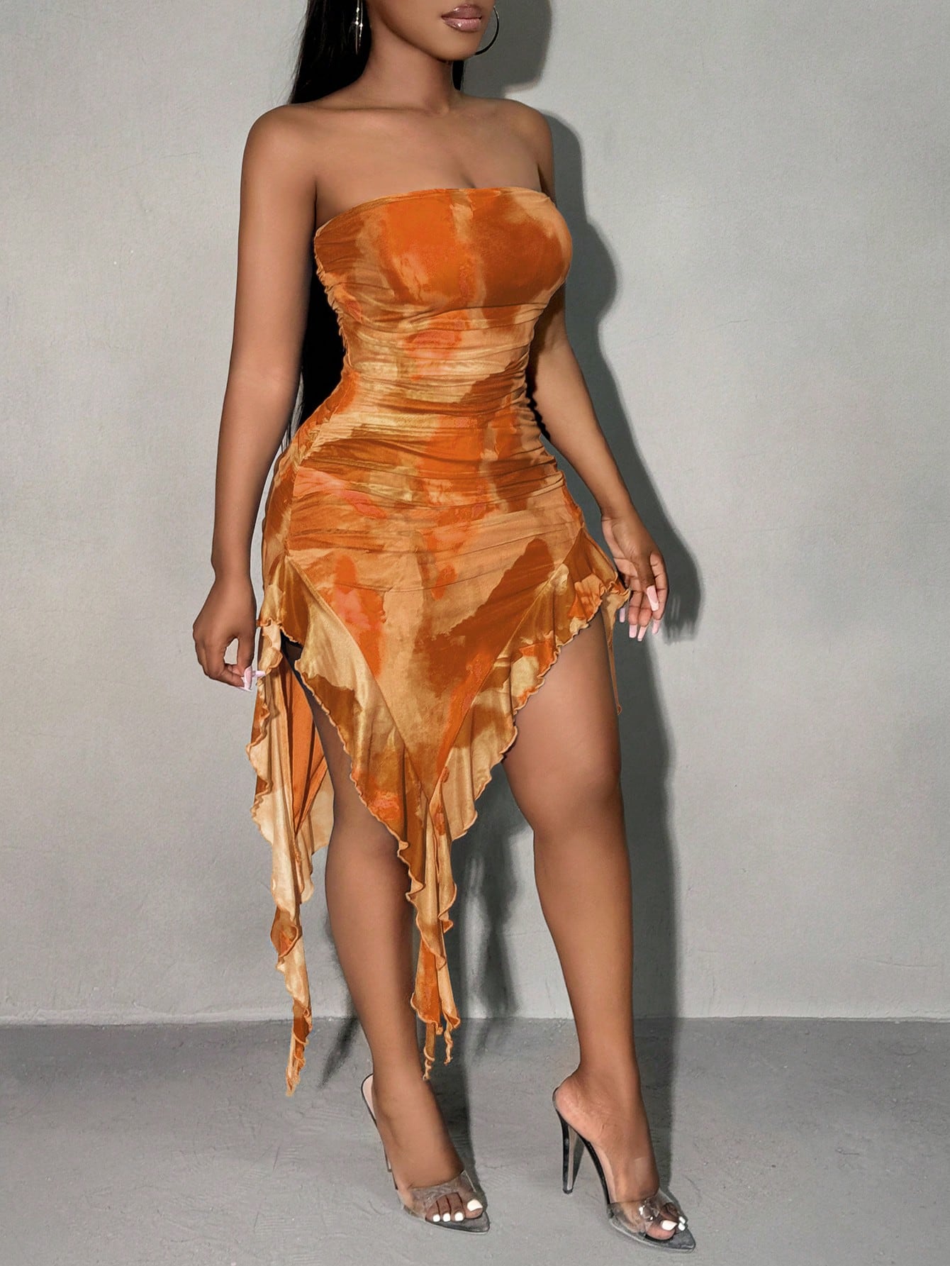 SXY Summer Tie-Dye Strapless Dress With Romantic Ruffled Hem Vacation Outfits Women