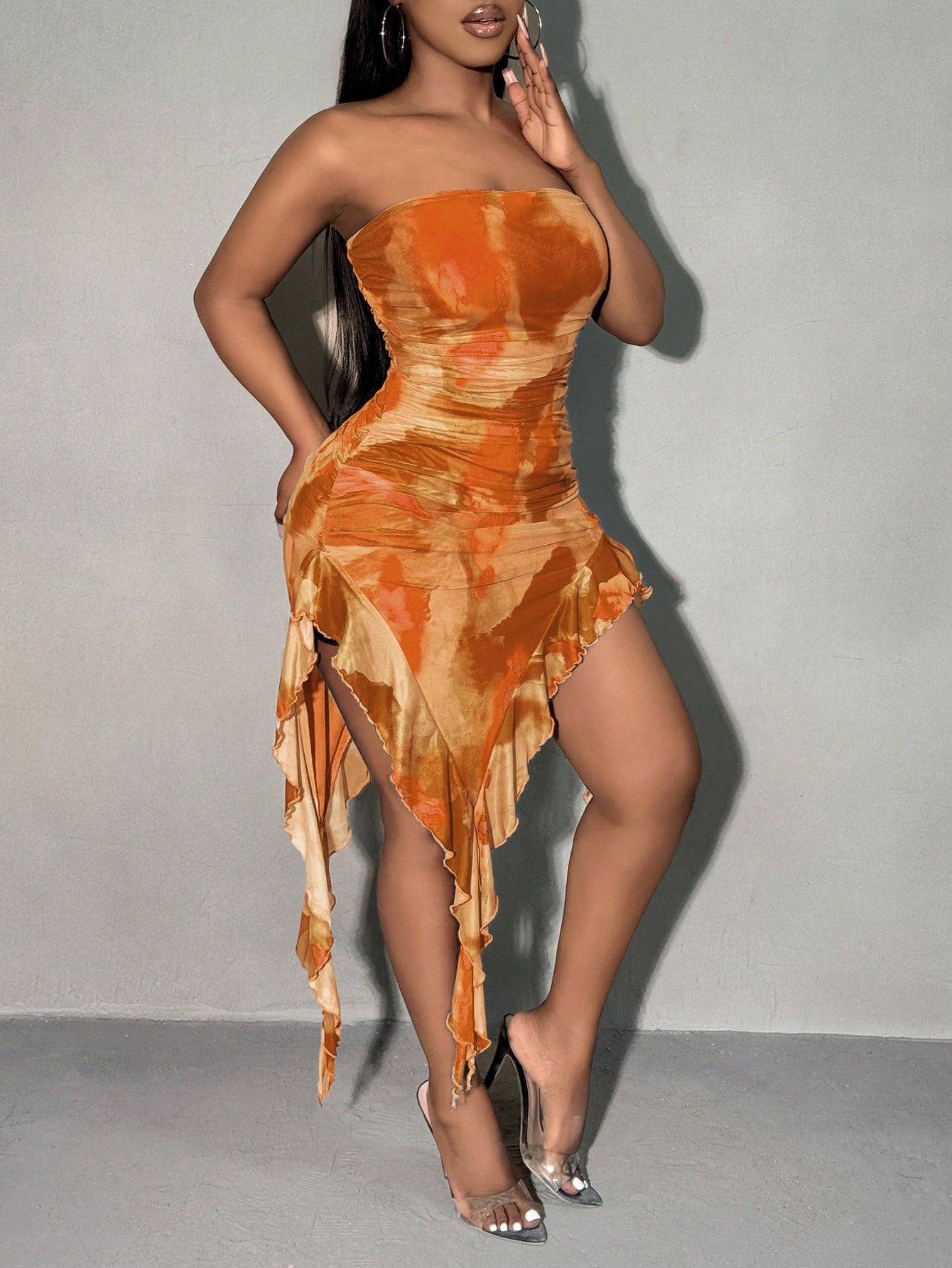 SXY Summer Tie-Dye Strapless Dress With Romantic Ruffled Hem Vacation Outfits Women
