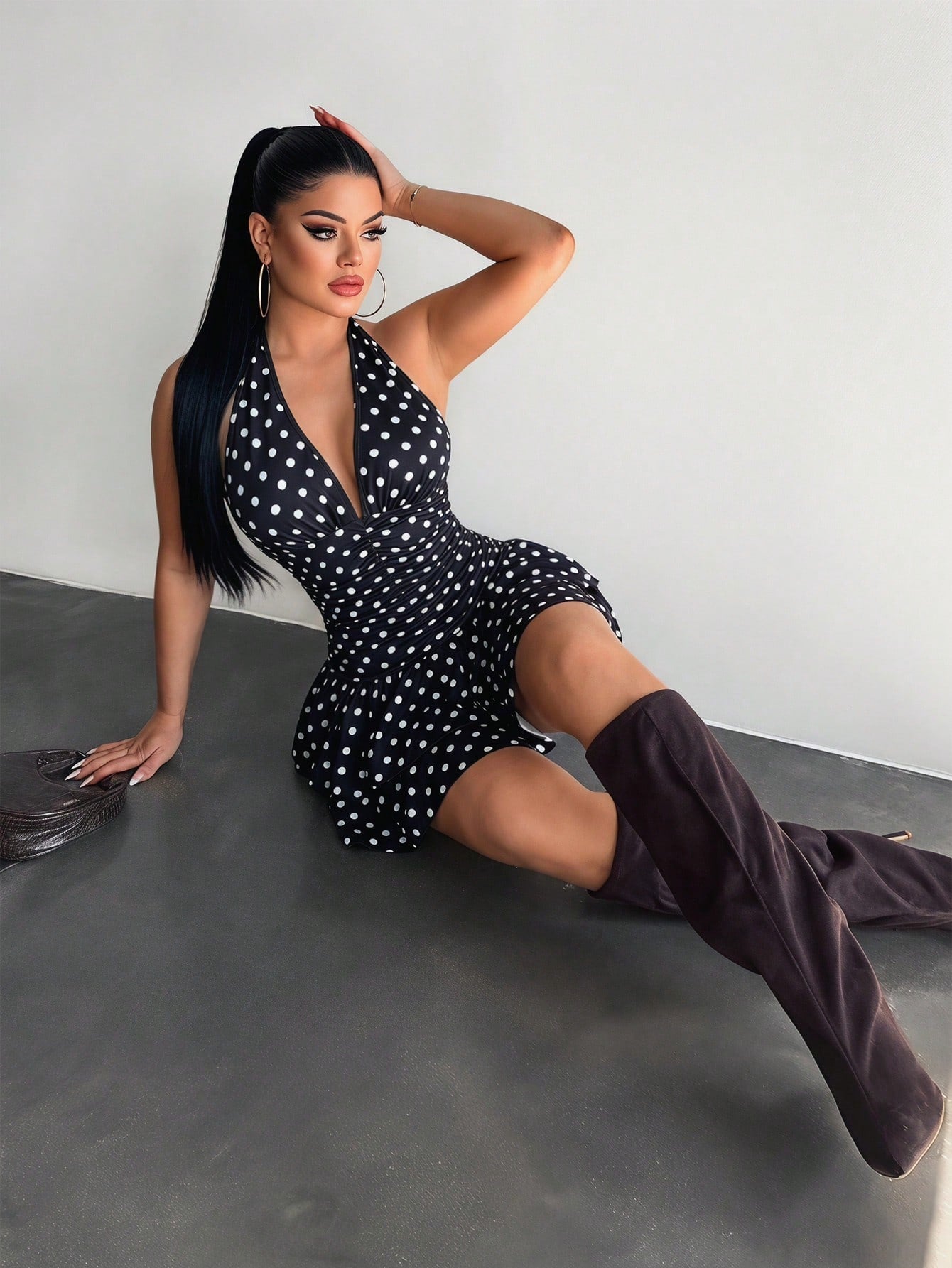 SXY Women's Polka Dot Print Deep V-Neck Sexy Halter Ruffle Dress Night Out Black And White Polka Dot Summer