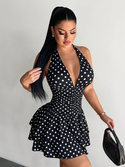 SXY Women's Polka Dot Print Deep V-Neck Sexy Halter Ruffle Dress Night Out Black And White Polka Dot Summer