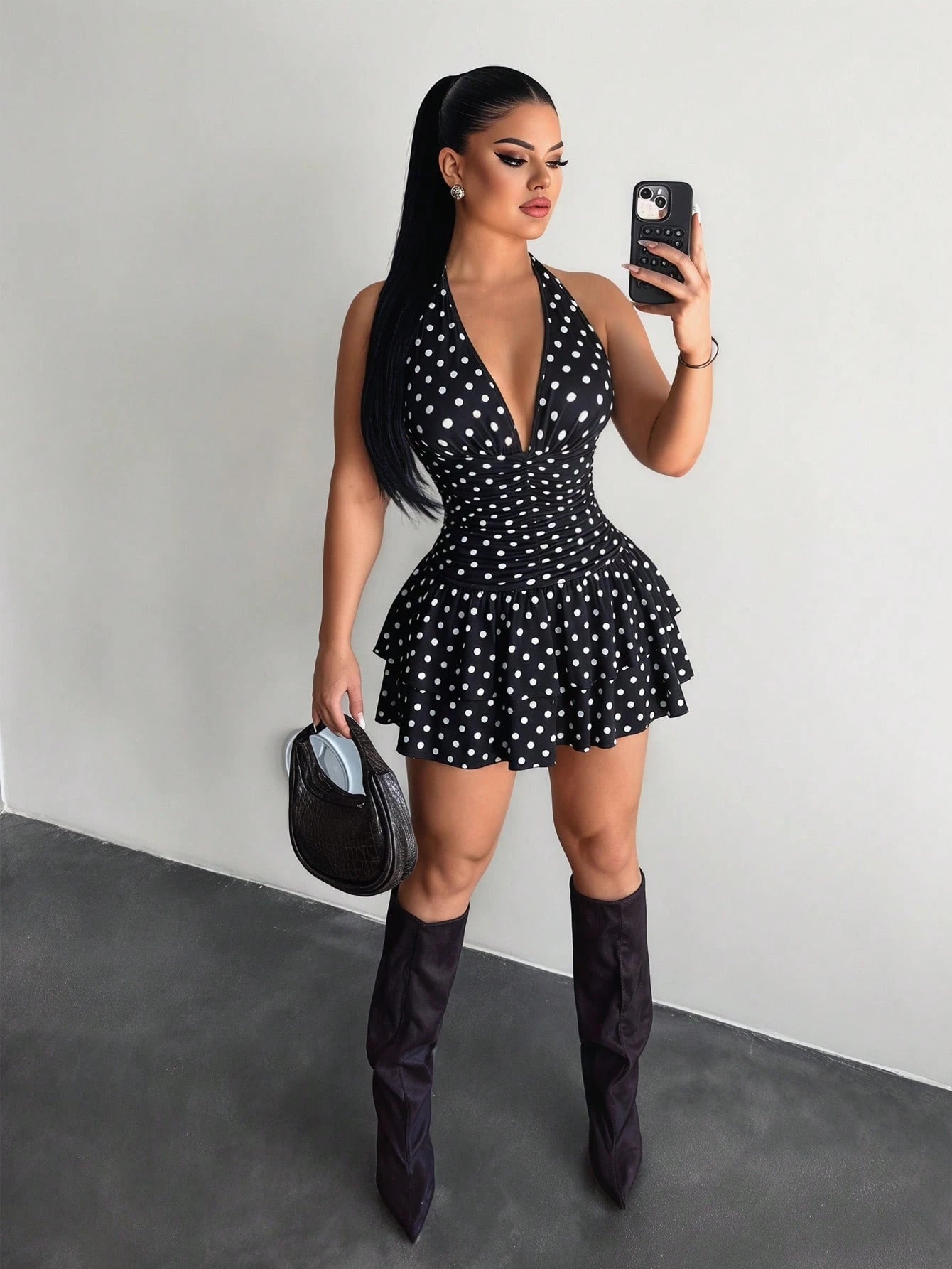 SXY Women's Polka Dot Print Deep V-Neck Sexy Halter Ruffle Dress Night Out Black And White Polka Dot Summer