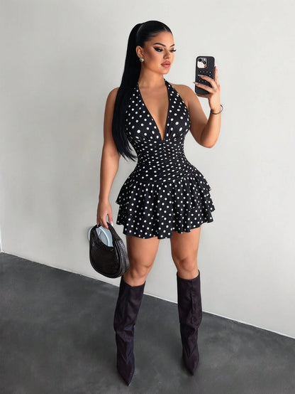 SXY Women's Polka Dot Print Deep V-Neck Sexy Halter Ruffle Dress Night Out Black And White Polka Dot Summer