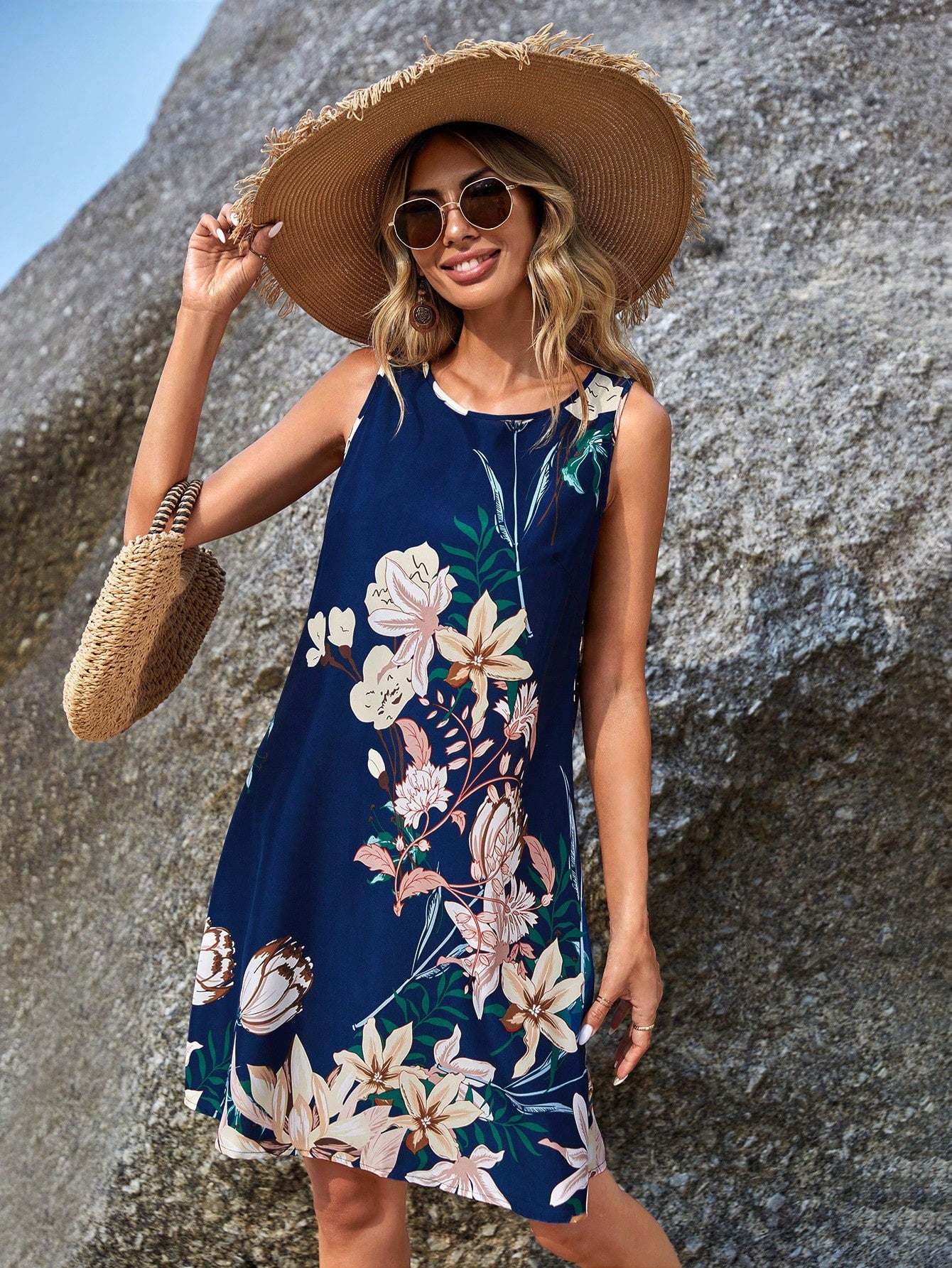 Sylviya Floral Print Sleeveless Tank Dress,Vacation