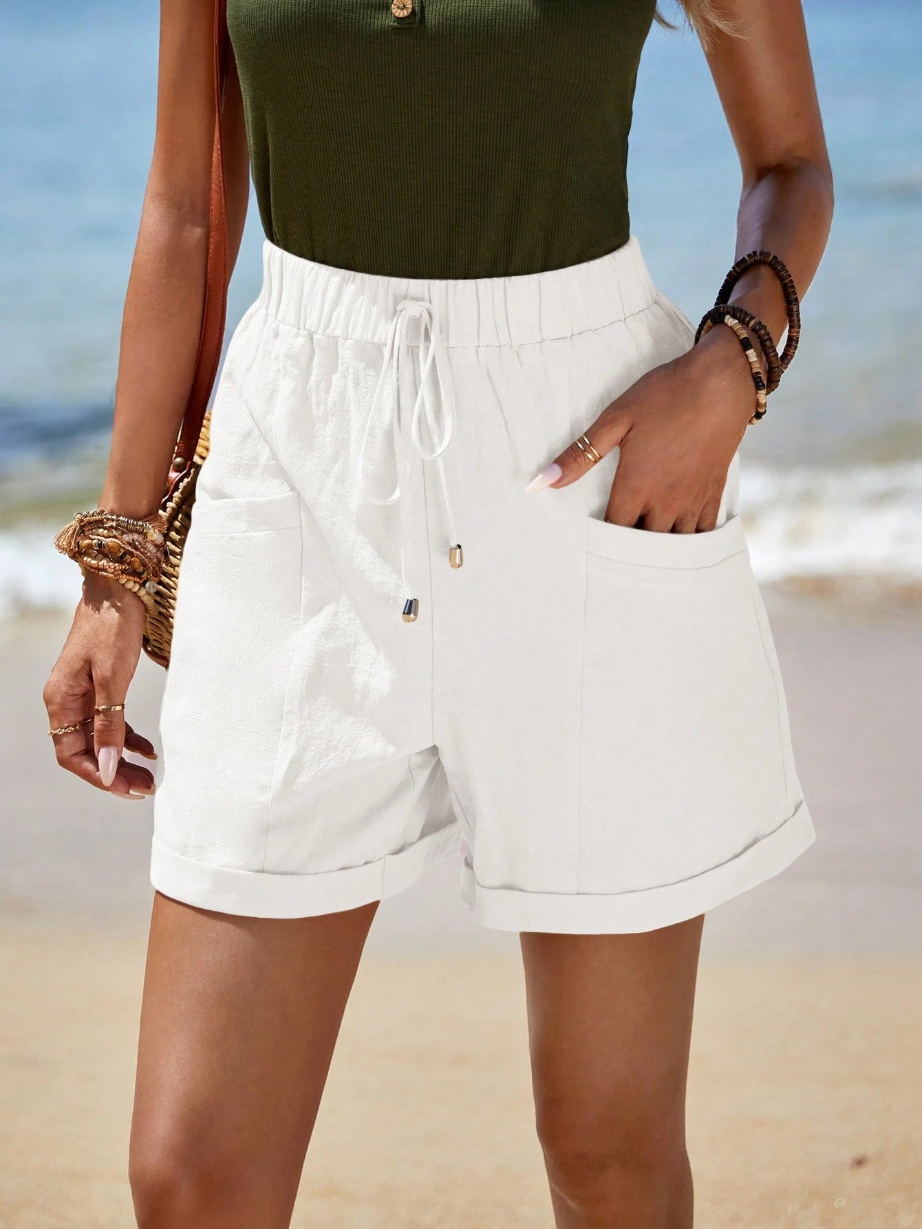 Sylviya Women Casual Solid Color Simple Pocket Twist Front Shorts,High Waisted Shorts,Vacation
