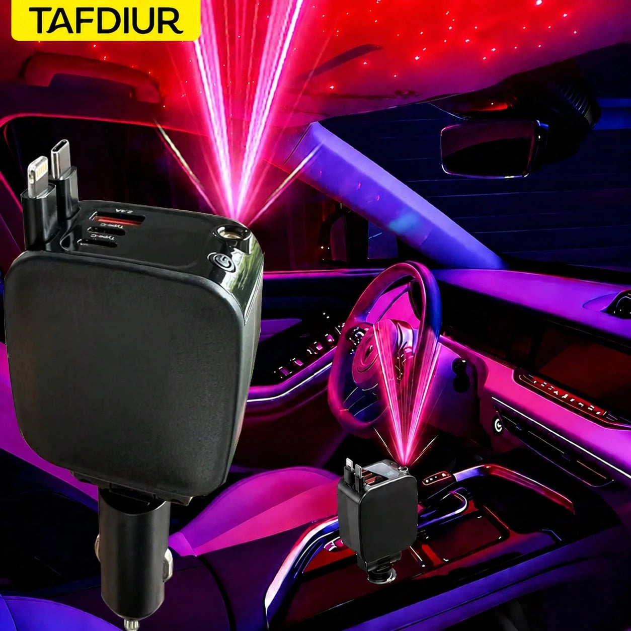 TAFDIUR 66W Red Starry Sky Projection Car Charger, Retractable, Creates Romantic Car Interior Atmosphere, 5-In-1 Fast Phone Charger, Dual Retractable Charging Cables, 3 Charging Ports, Fast Charging