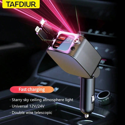 TAFDIUR 66W Red Starry Sky Projection Car Charger, Retractable, Creates Romantic Car Interior Atmosphere, 5-In-1 Fast Phone Charger, Dual Retractable Charging Cables, 3 Charging Ports, Fast Charging