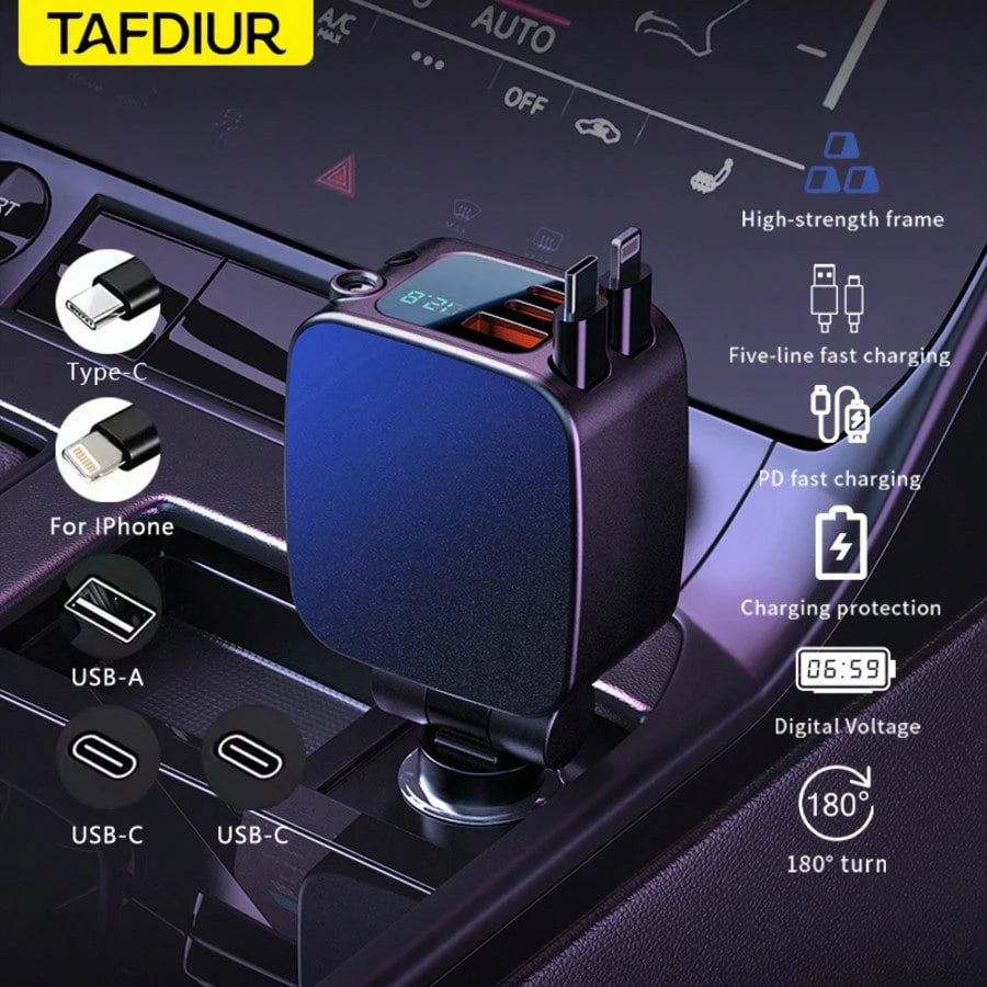TAFDIUR 66W Red Starry Sky Projection Car Charger, Retractable, Creates Romantic Car Interior Atmosphere, 5-In-1 Fast Phone Charger, Dual Retractable Charging Cables, 3 Charging Ports, Fast Charging
