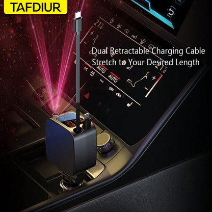 TAFDIUR 66W Red Starry Sky Projection Car Charger, Retractable, Creates Romantic Car Interior Atmosphere, 5-In-1 Fast Phone Charger, Dual Retractable Charging Cables, 3 Charging Ports, Fast Charging