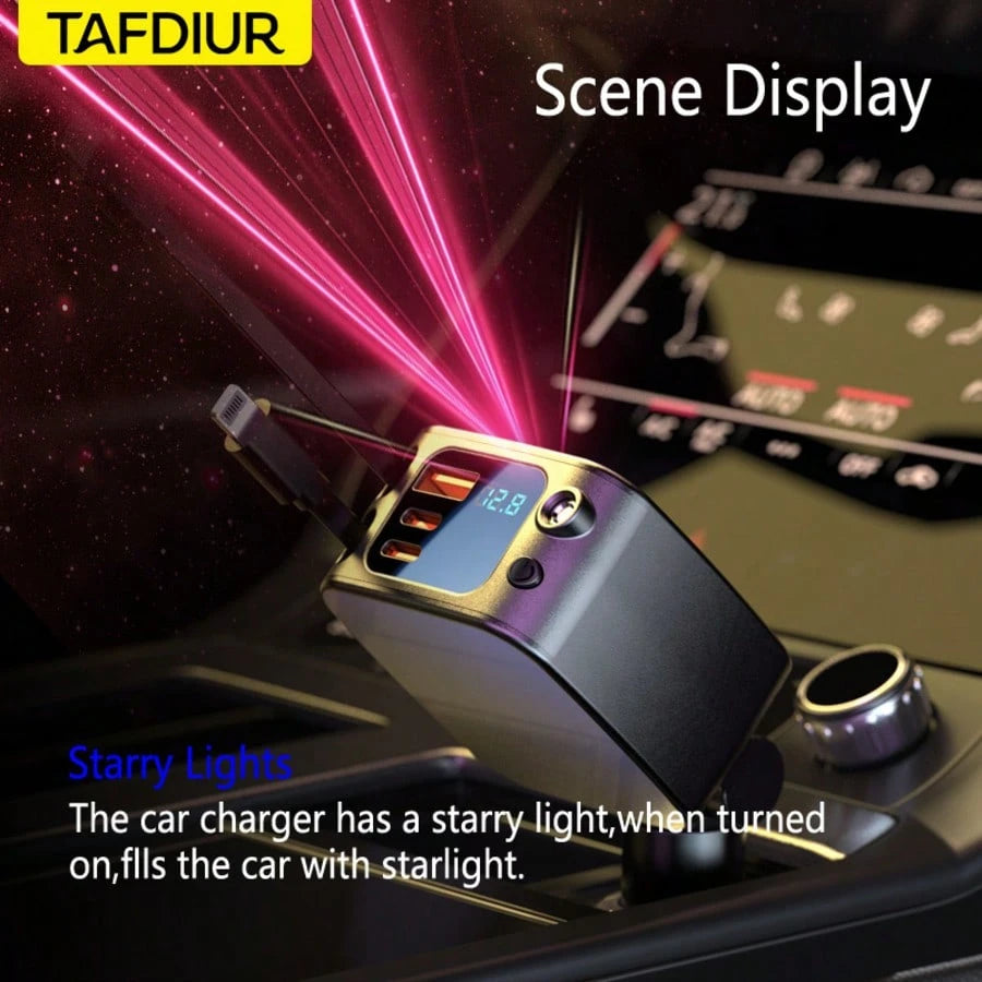 TAFDIUR 66W Red Starry Sky Projection Car Charger, Retractable, Creates Romantic Car Interior Atmosphere, 5-In-1 Fast Phone Charger, Dual Retractable Charging Cables, 3 Charging Ports, Fast Charging