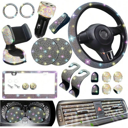 TAIMASI 27 Pcs Multicolor Bling Car Accessories Set For Women, Steering Wheel Cover Set, Bling Console Cover, Seat Belt Cushion, Shift Knob Cushion, Cup Coaster, Rhinestone Car Hanging Accessories