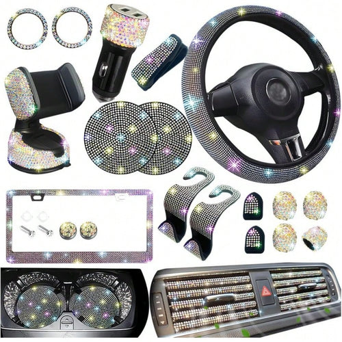 TAIMASI 27 Pcs Multicolor Bling Car Accessories Set For Women, Steering Wheel Cover Set, Bling Console Cover, Seat Belt Cushion, Shift Knob Cushion, Cup Coaster, Rhinestone Car Hanging Accessories