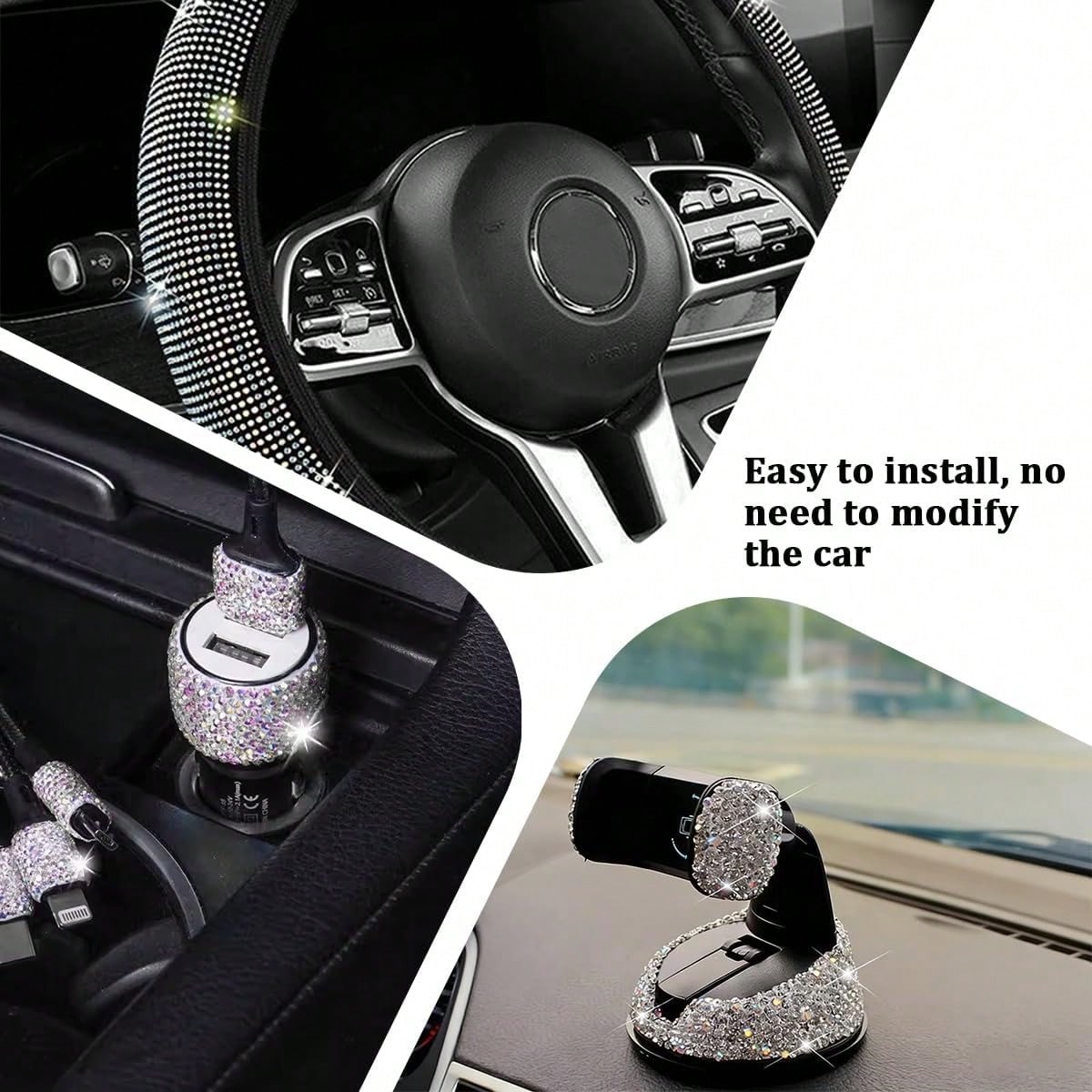 TAIMASI 27 Pcs Multicolor Bling Car Accessories Set For Women, Steering Wheel Cover Set, Bling Console Cover, Seat Belt Cushion, Shift Knob Cushion, Cup Coaster, Rhinestone Car Hanging Accessories