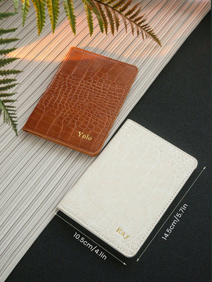 Takeoak 1pc Personalized Name Passport Holder, Customized Gold Letter Combination Faux Crocodile Leather Passport Cover, Customized Luxury Fashion Crocodile Pattern Card Holder