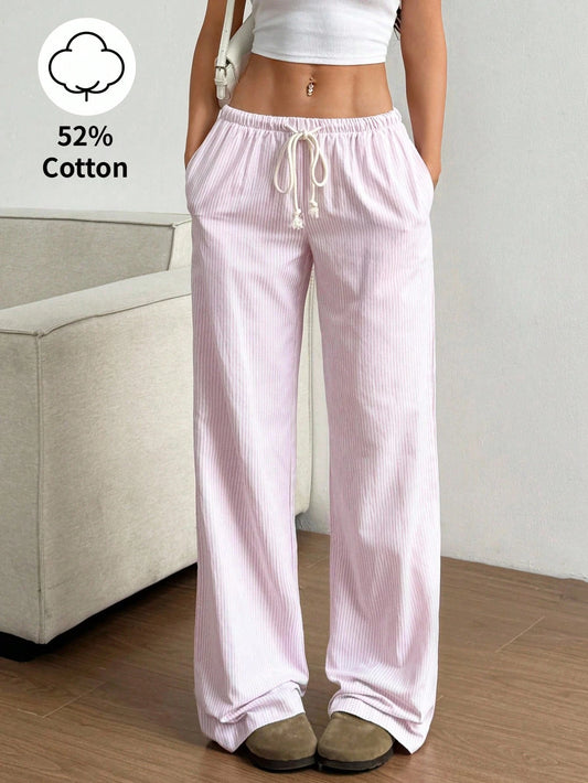 Tall Pink And White Stripe Cotton Fabric Low-Waist Drawstring Wide-Leg Pants,Summer Casual Home Pants For Tall Women,Slant Pockets Loose Straight Trousers