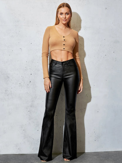 Tall Women's All-Match Low-Waist Regular Black Coated Flare Pants, Casual & Versatile, Spring/Autumn, Tall Women