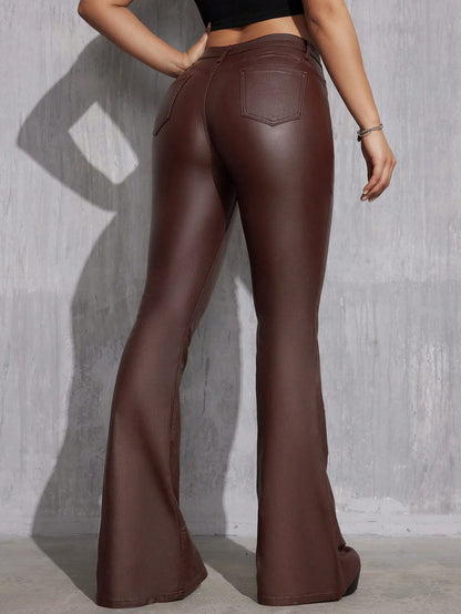 Tall Women's All-Match Low-Waist Regular Black Coated Flare Pants, Casual & Versatile, Spring/Autumn, Tall Women