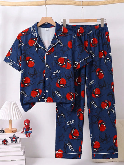 Teen Boys Print Short Sleeve Open Front Collar Long Pants Set, Casual Comfortable Loungewear
