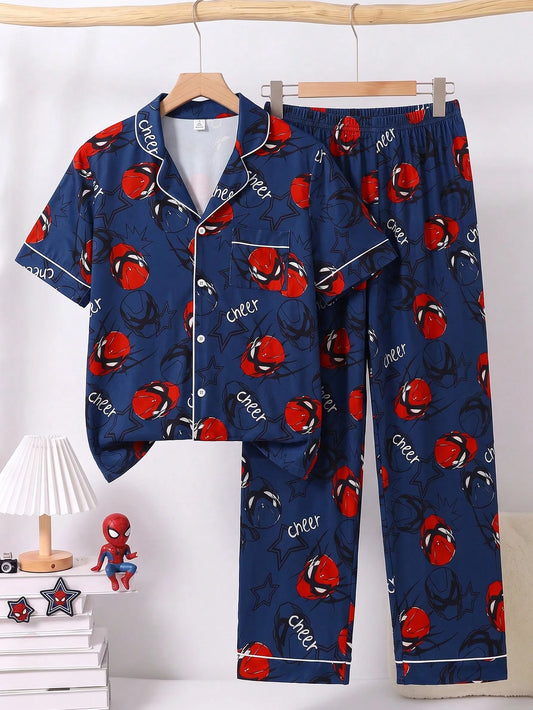 Teen Boys Print Short Sleeve Open Front Collar Long Pants Set, Casual Comfortable Loungewear
