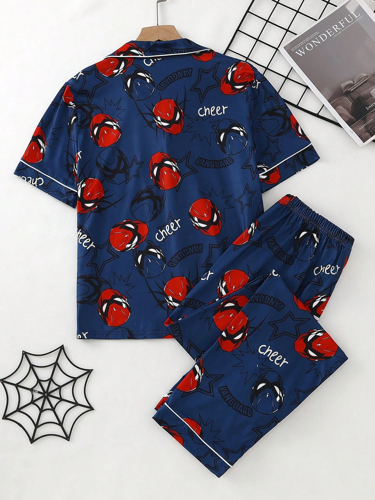 Teen Boys Print Short Sleeve Open Front Collar Long Pants Set, Casual Comfortable Loungewear