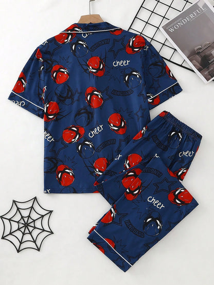 Teen Boys Print Short Sleeve Open Front Collar Long Pants Set, Casual Comfortable Loungewear