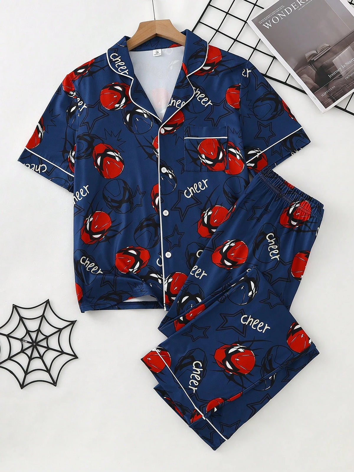 Teen Boys Print Short Sleeve Open Front Collar Long Pants Set, Casual Comfortable Loungewear