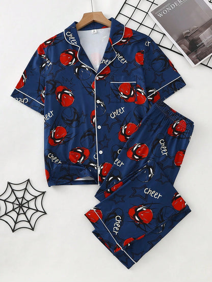 Teen Boys Print Short Sleeve Open Front Collar Long Pants Set, Casual Comfortable Loungewear