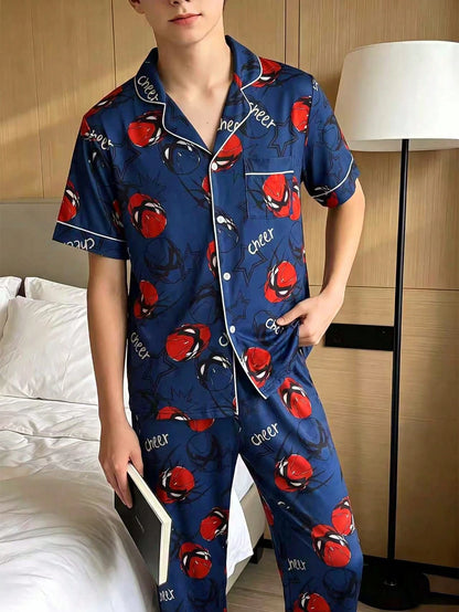 Teen Boys Print Short Sleeve Open Front Collar Long Pants Set, Casual Comfortable Loungewear