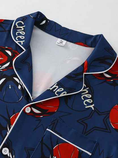 Teen Boys Print Short Sleeve Open Front Collar Long Pants Set, Casual Comfortable Loungewear