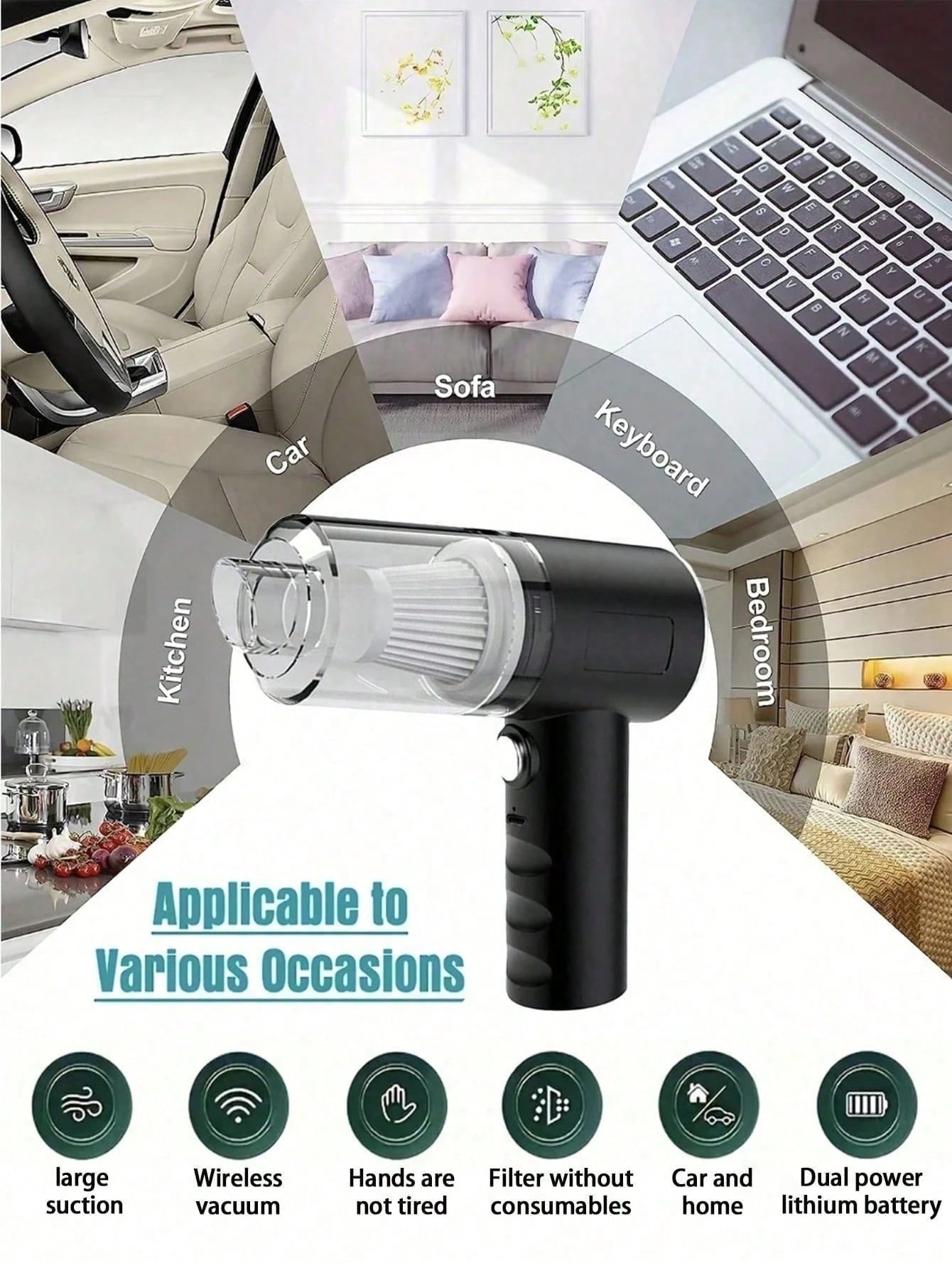 This Compact And Portable Vacuum Cleaner Features Powerful Suction, A Built-In 1800mAh Type-C Rechargeable Battery, Low-Noise Air Purification, And Comes With Multiple Nozzle Accessories, Making It Pe