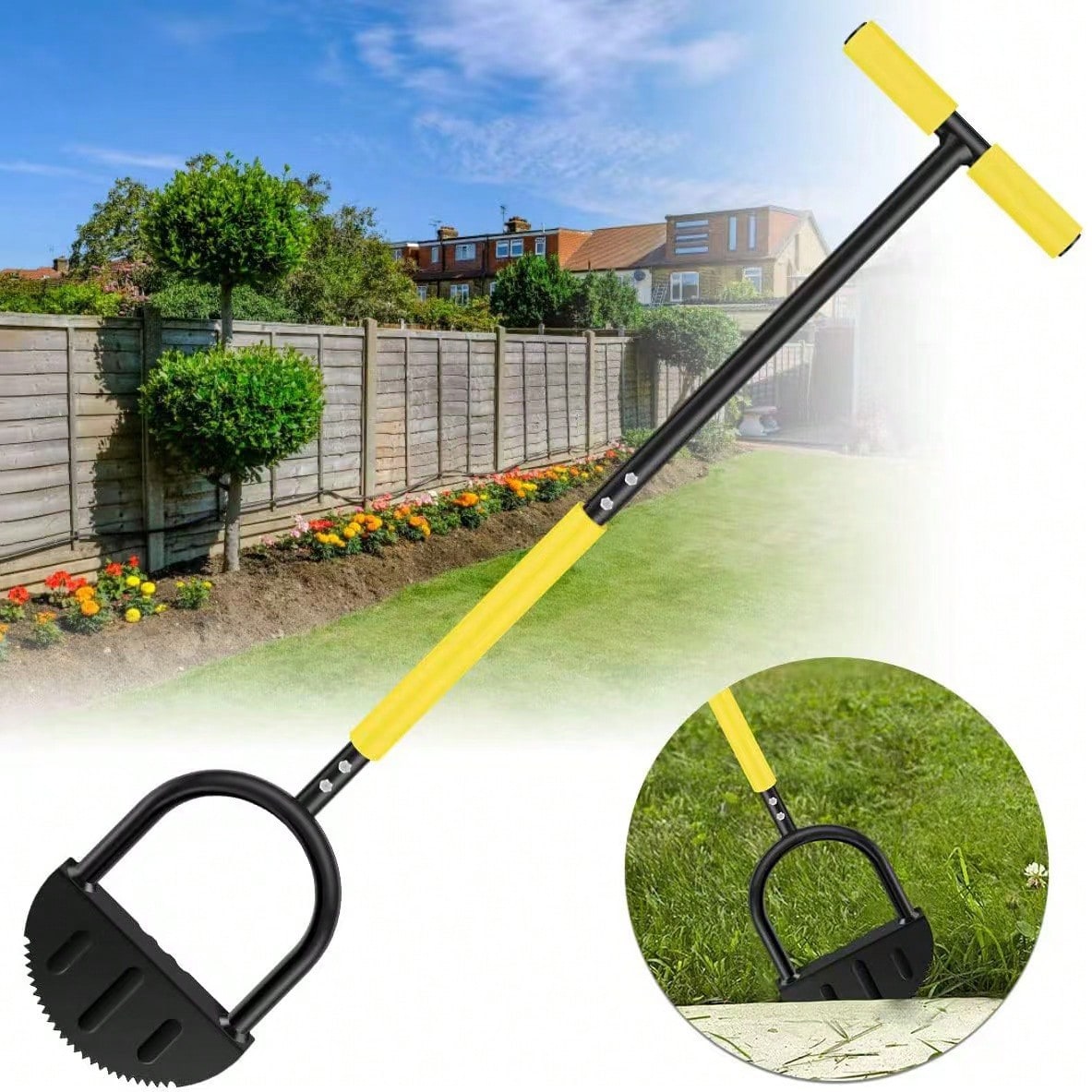 This Ergonomic Manual Lawn Edger Is A Single Piece Garden Tool Designed With A Half-Moon Saw-Tooth Shape. It Features A Long Handle, Making It Perfect For Landscaping Along Sidewalks, Driveways, And F