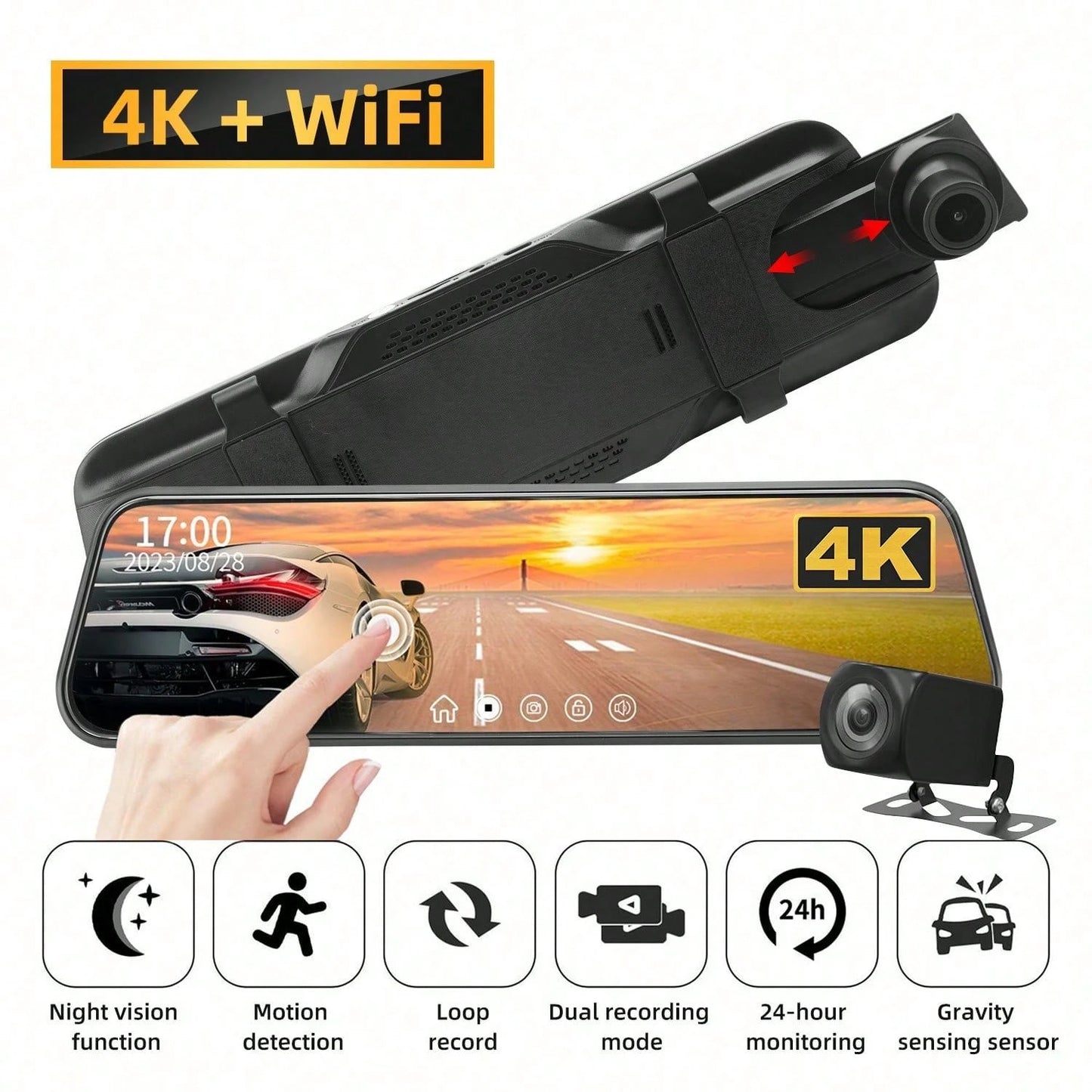 This In-Car Rearview Mirror Dashcam Features Front And Rear Cameras, With Night Vision, Motion Detection, Loop Recording, Dual-Recording Mode, 24-Hour Monitoring, And Gravity Sensor Functionality.(Wit