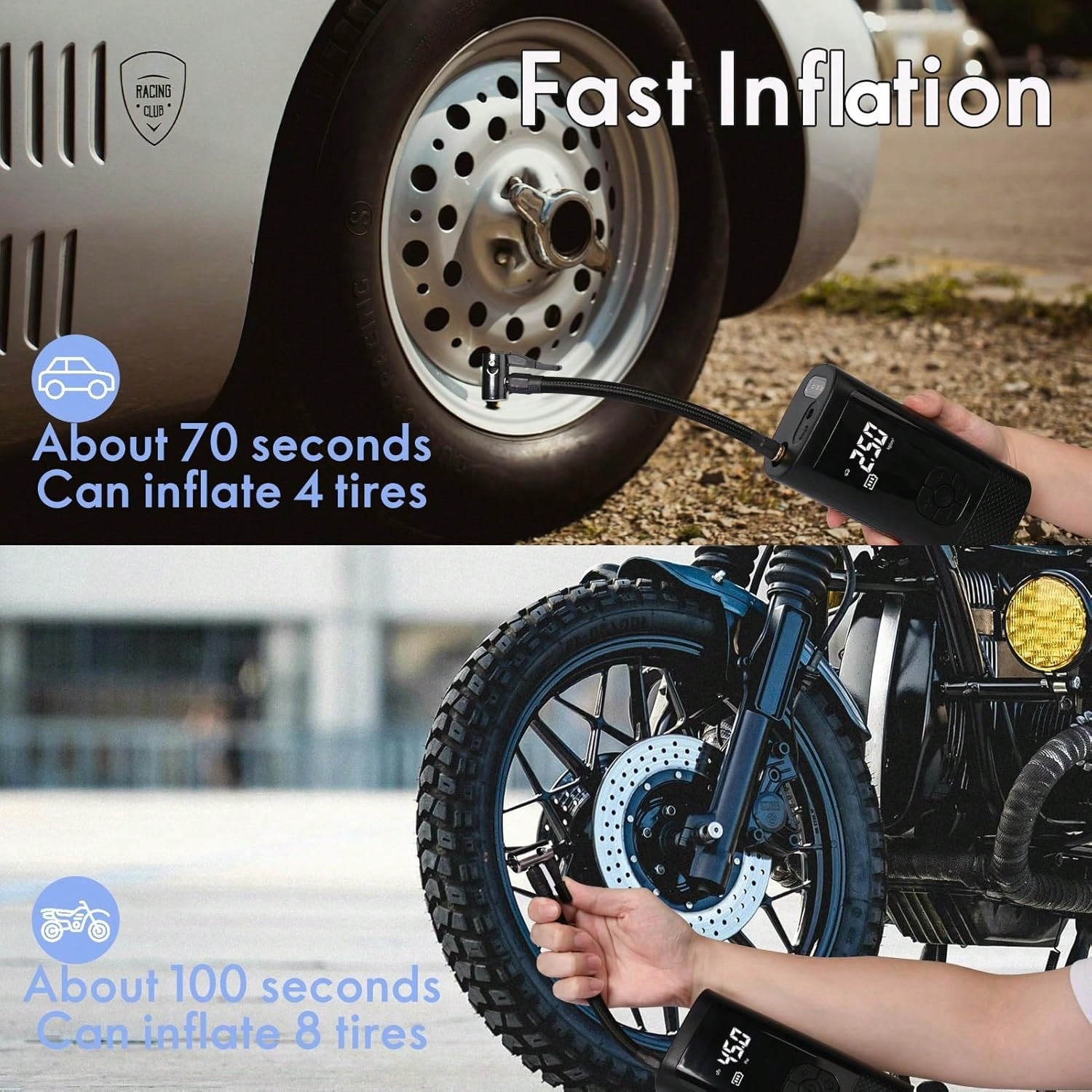 Tire Inflator Portable Air Compressor, 150 PSI, Electric Air Pump, Tire Inflator For Cars;Portable Air Pump With LED Light & Digital DisplaySuitable For Cars, Motorcycles, Bicycles, And Sports Balls