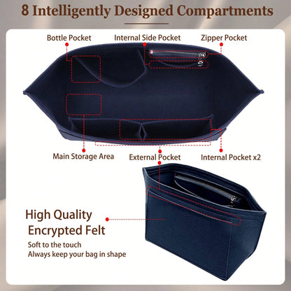 Tote Bag Felt Inner Lining Organizer Pouch, Multi-Pocket Zipper Handbag Insert